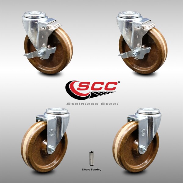 5 Inch SS High Temp Phenolic Wheel Swivel Bolt Hole Caster Set with 2 Brake SCC